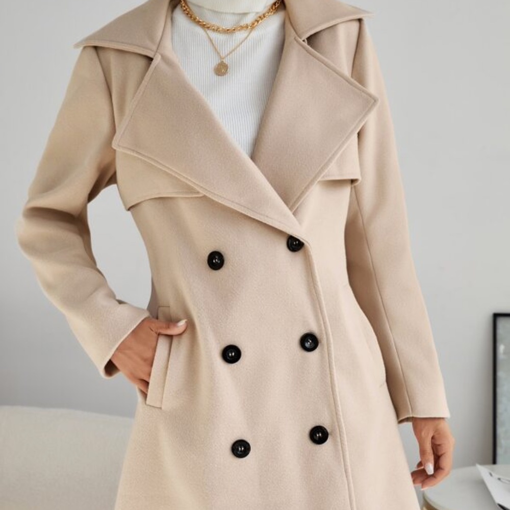 Cream wide collar button double breast trench Coat - Picture 3 of 9